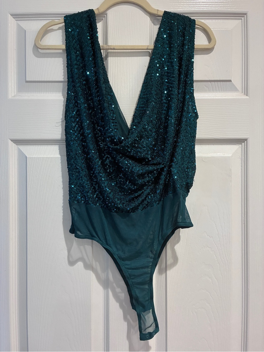 Lulu's Teal Sequin Cowl-Back Bodysuit